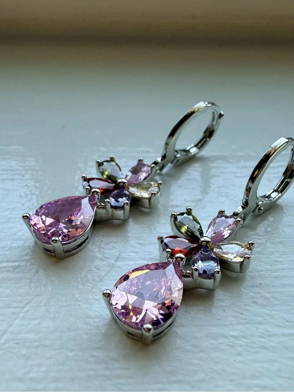 NEW!! Multi-Color Flower Drop Earrings with Pink Teardrop Gem